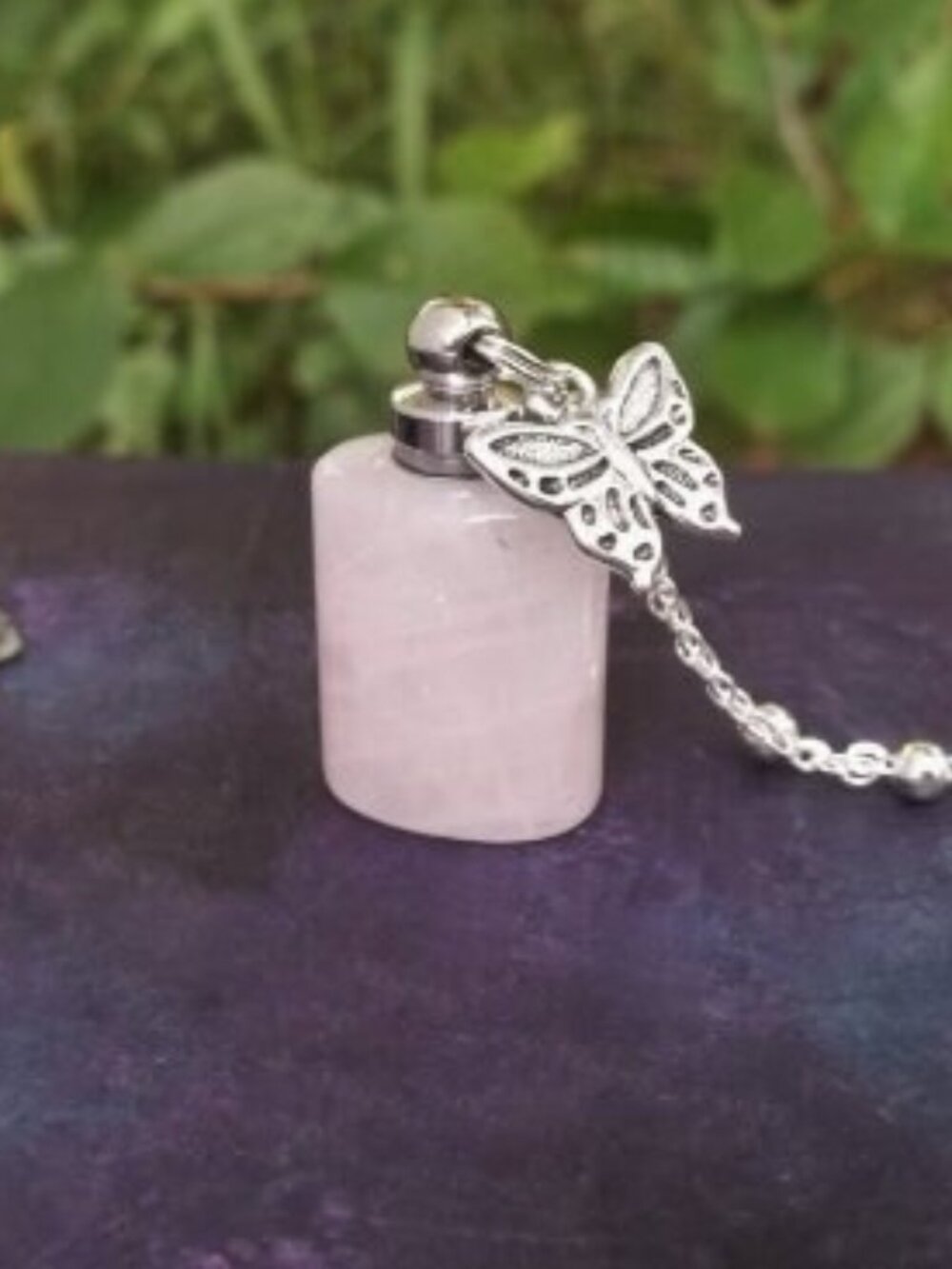 Rose Quartz Crystal Vial Perfume Bottle Necklace Butterfly Charm Silver